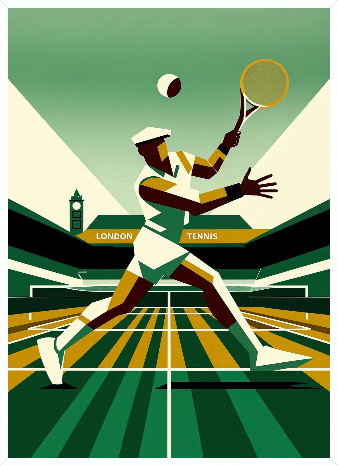 Minimal tennis player serving in thin white frame, simplified figure, ocre yellow banner