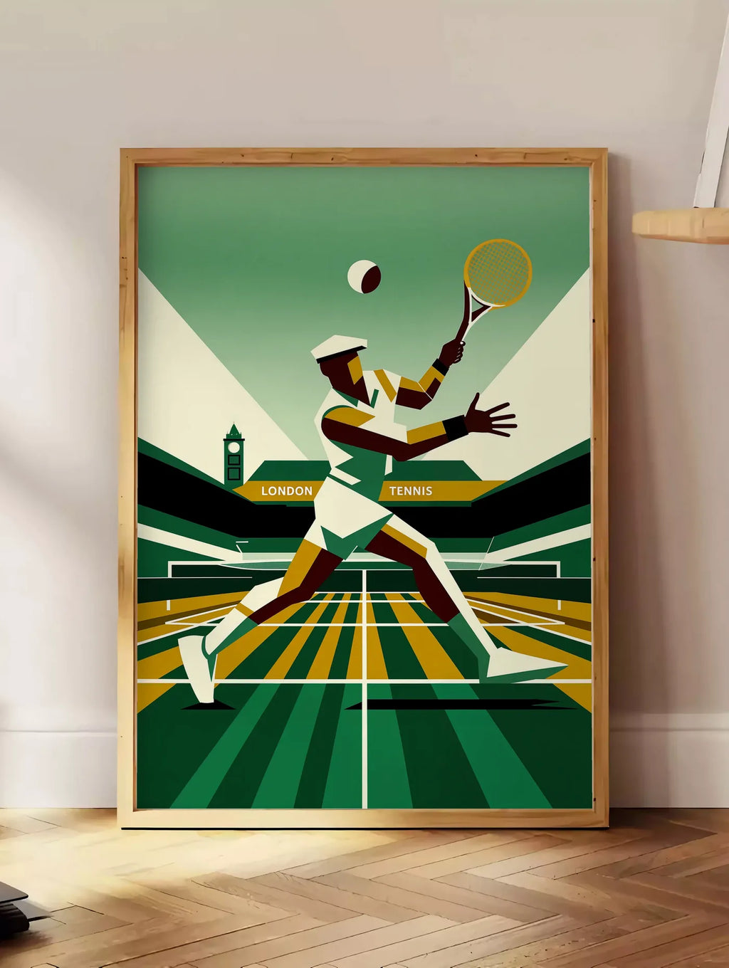 Estampe stylised tennis player serving with ocre yellow banner and black ivory stands, posee au sol dans un coin salon, sur un parquet a chevrons, pres d'une table d'appoint en chene chargee de livres