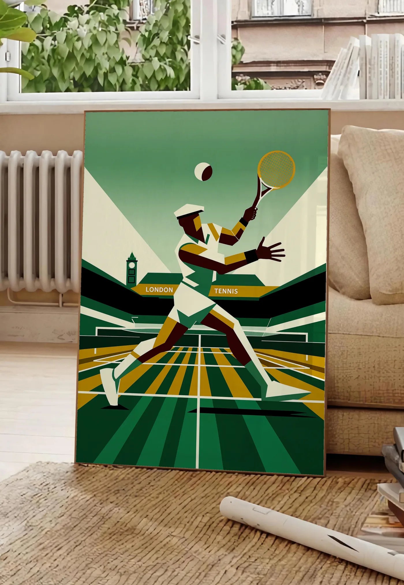Poster stylised tennis player serving with ocre yellow banner and black ivory stands, posee au sol dans un salon parisien, devant une grande fenetre donnant sur un immeuble haussmannien, entre un ficus et un canape creme
