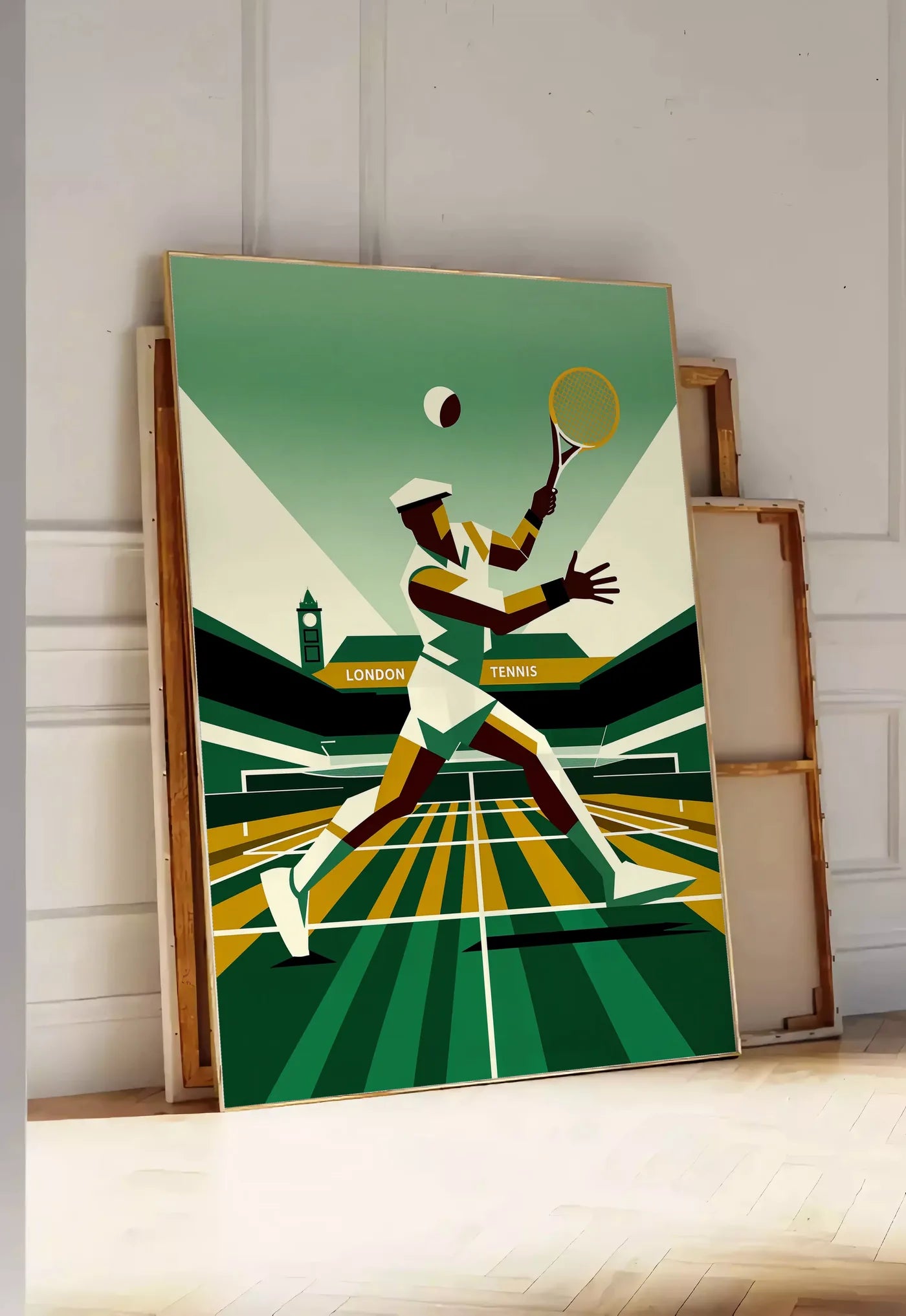 Tirage encadrable stylised tennis player serving with ocre yellow banner and black ivory stands, posee au sol dans une entree lumineuse, contre un mur a panneaux blancs, a cote de chassis en bois empiles