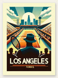 Affiche tennis Los Angeles Art Deco, stade plein et skyline au soleil couchant