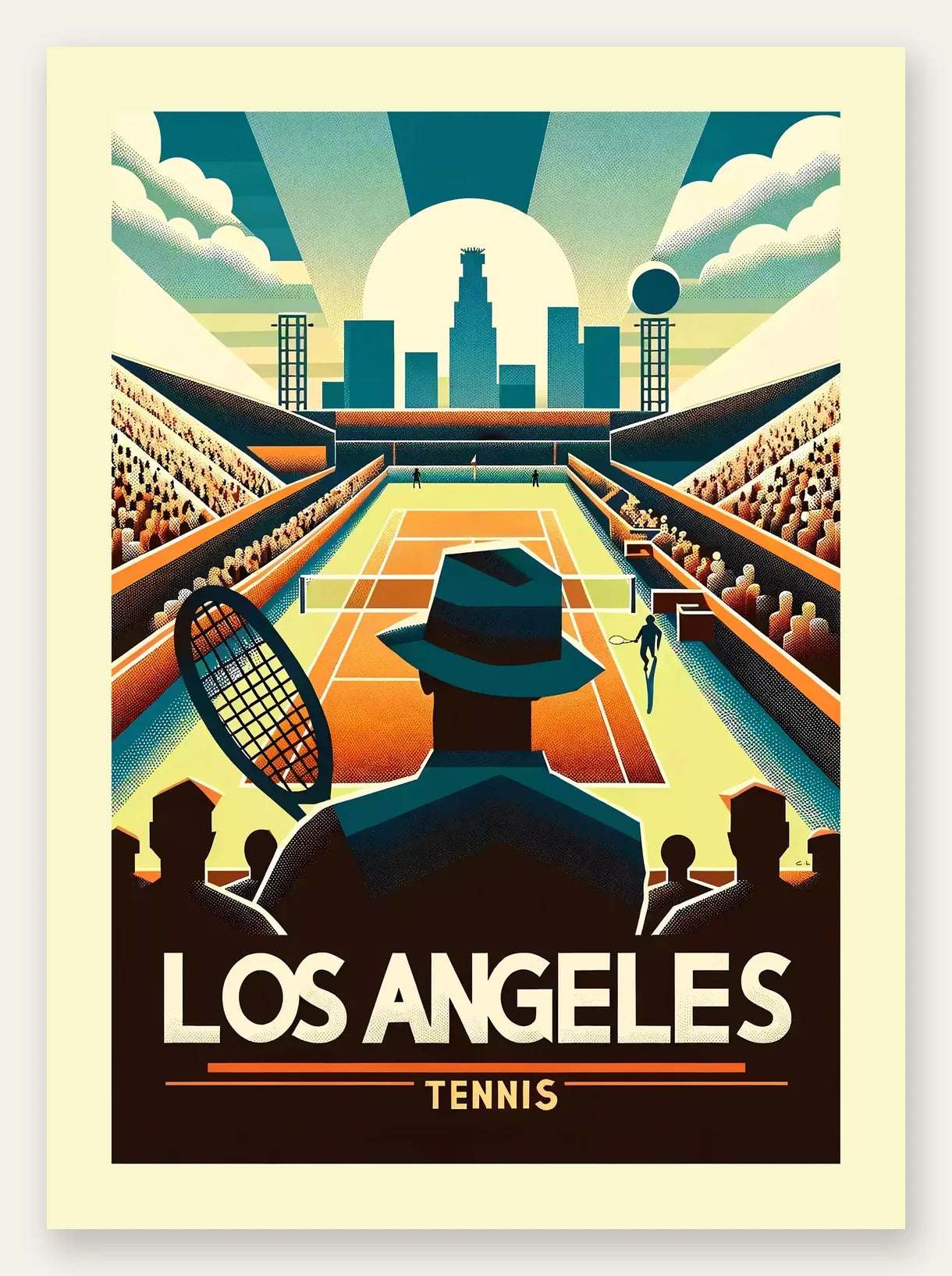 Affiche tennis Los Angeles Art Deco, stade plein et skyline au soleil couchant