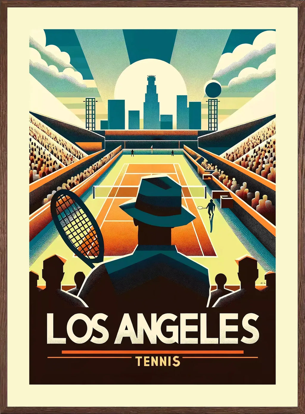 Cadre chene clair entourant l'affiche tennis Los Angeles Art Deco
