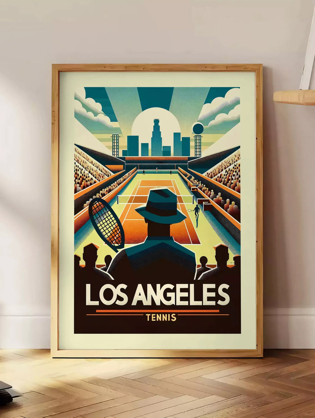 Estampe affiche tennis Los Angeles Art Deco, posee au sol dans un coin salon, sur un parquet a chevrons, pres d'une table d'appoint en chene chargee de livres