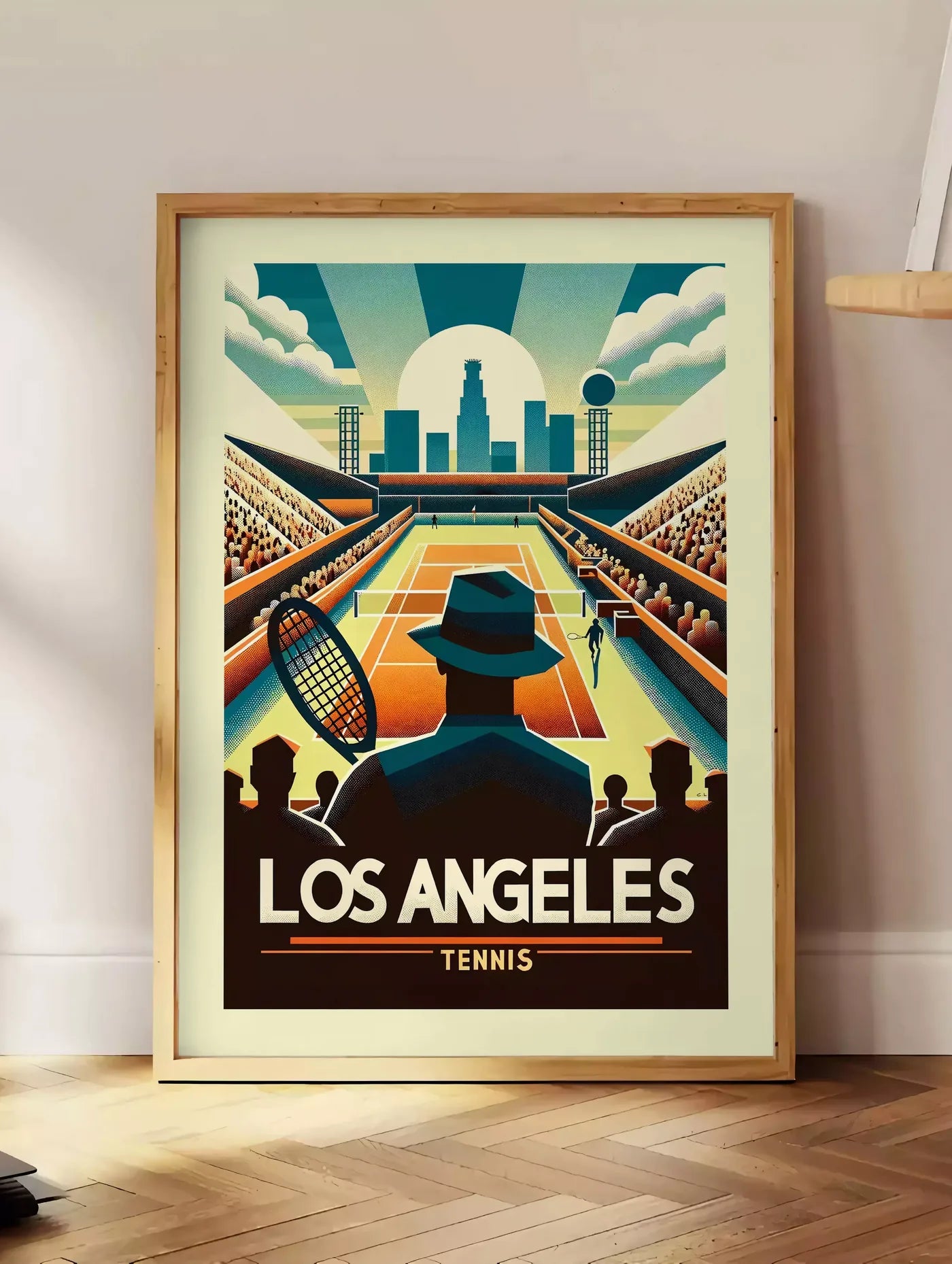 Estampe affiche tennis Los Angeles Art Deco, posee au sol dans un coin salon, sur un parquet a chevrons, pres d'une table d'appoint en chene chargee de livres