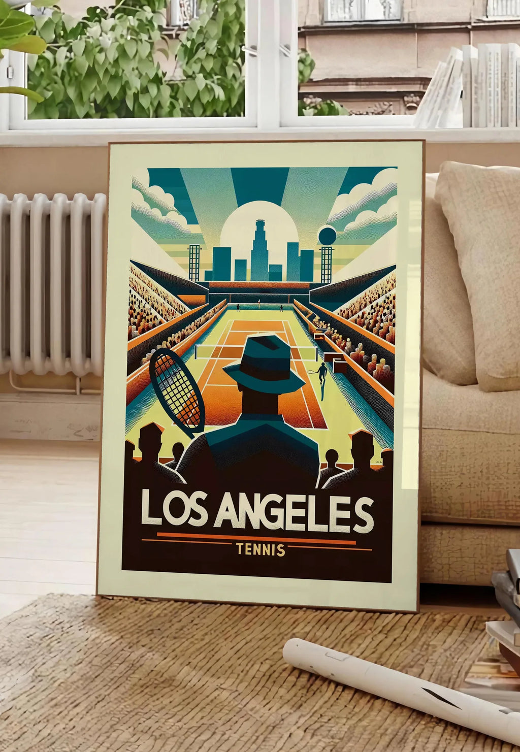 Poster affiche tennis Los Angeles Art Deco, posee au sol dans un salon parisien, devant une grande fenetre donnant sur un immeuble haussmannien, entre un ficus et un canape creme