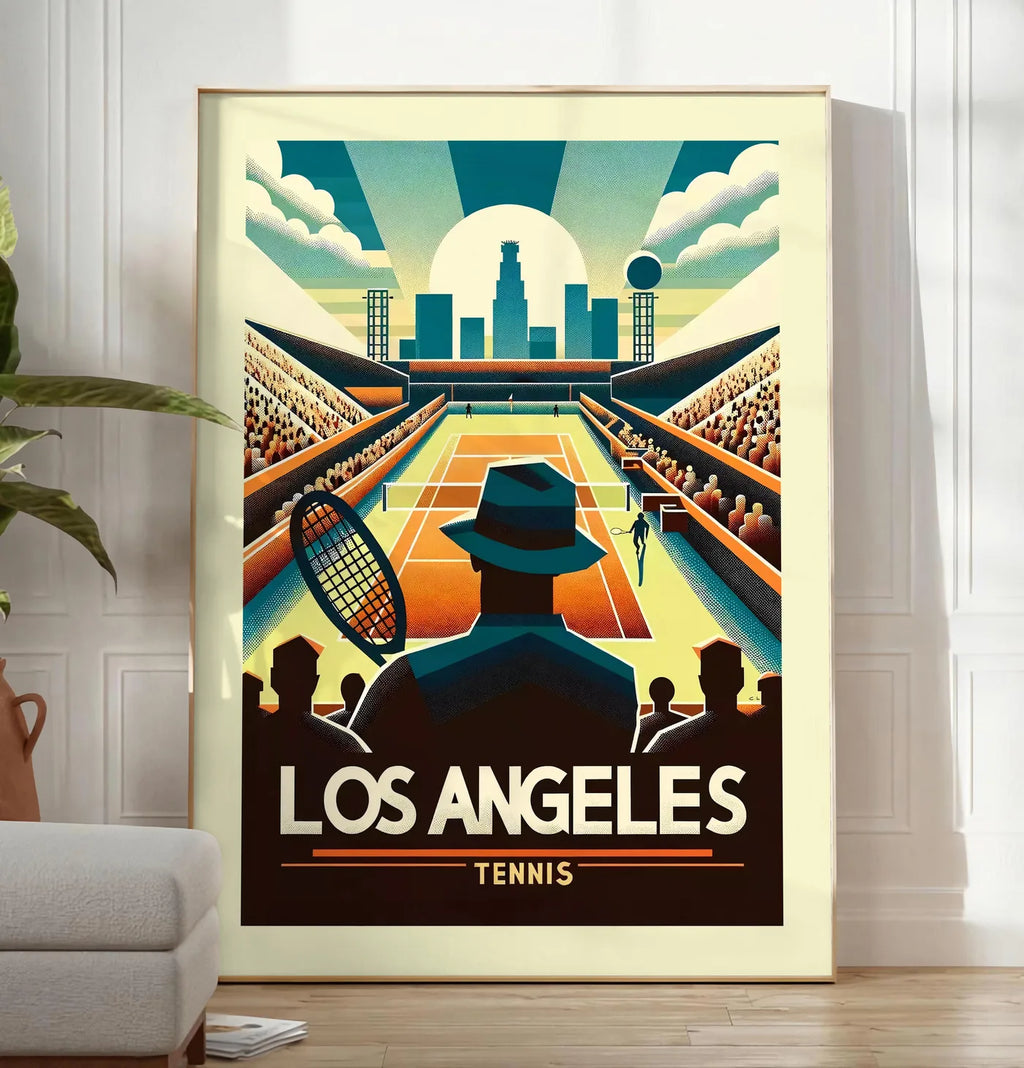 Reproduction affiche tennis Los Angeles Art Deco, posee au sol dans un salon minimaliste clair, a cote d'un canape beige et d'une plante verte, sur un parquet clair