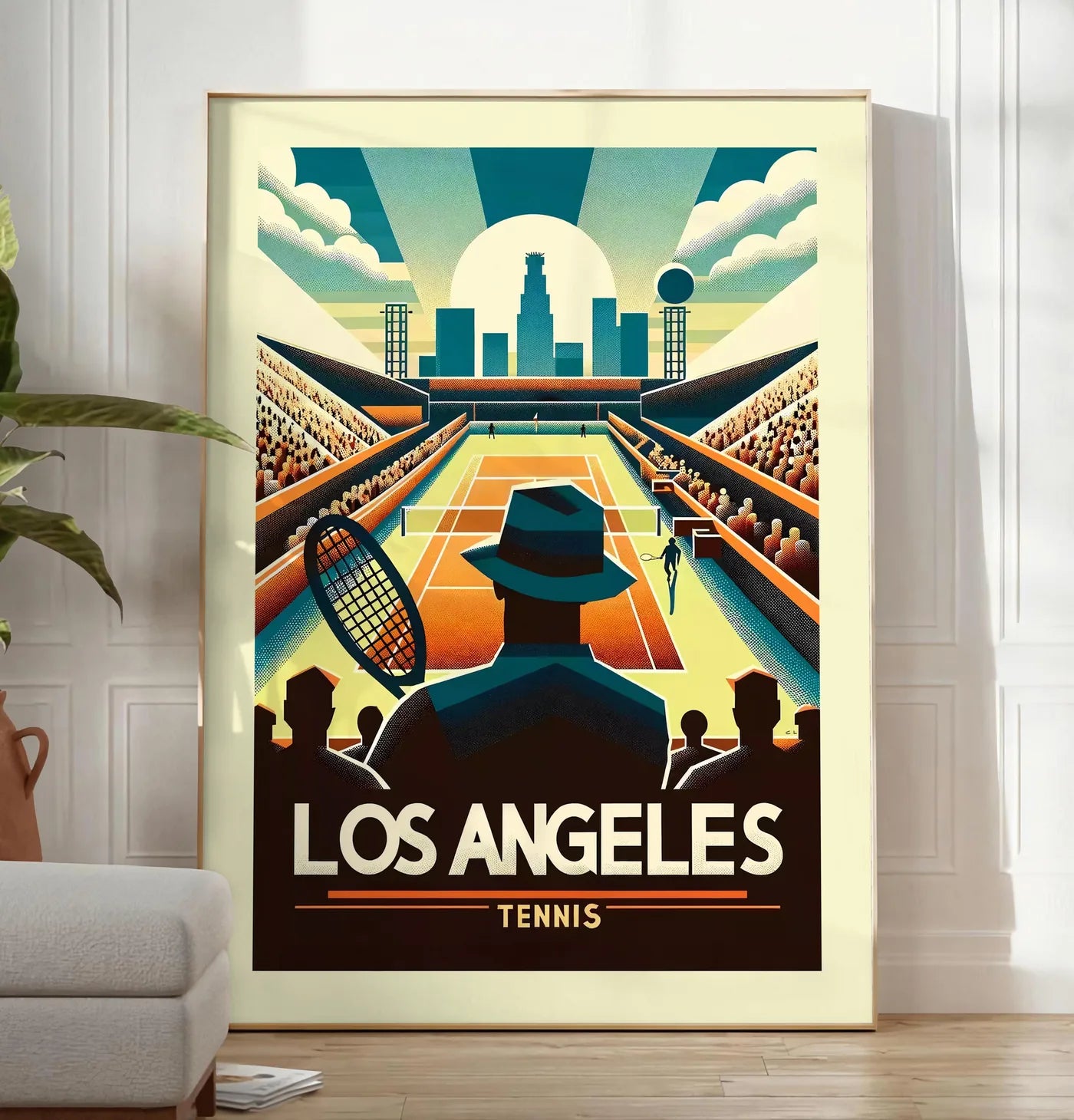 Reproduction affiche tennis Los Angeles Art Deco, posee au sol dans un salon minimaliste clair, a cote d'un canape beige et d'une plante verte, sur un parquet clair