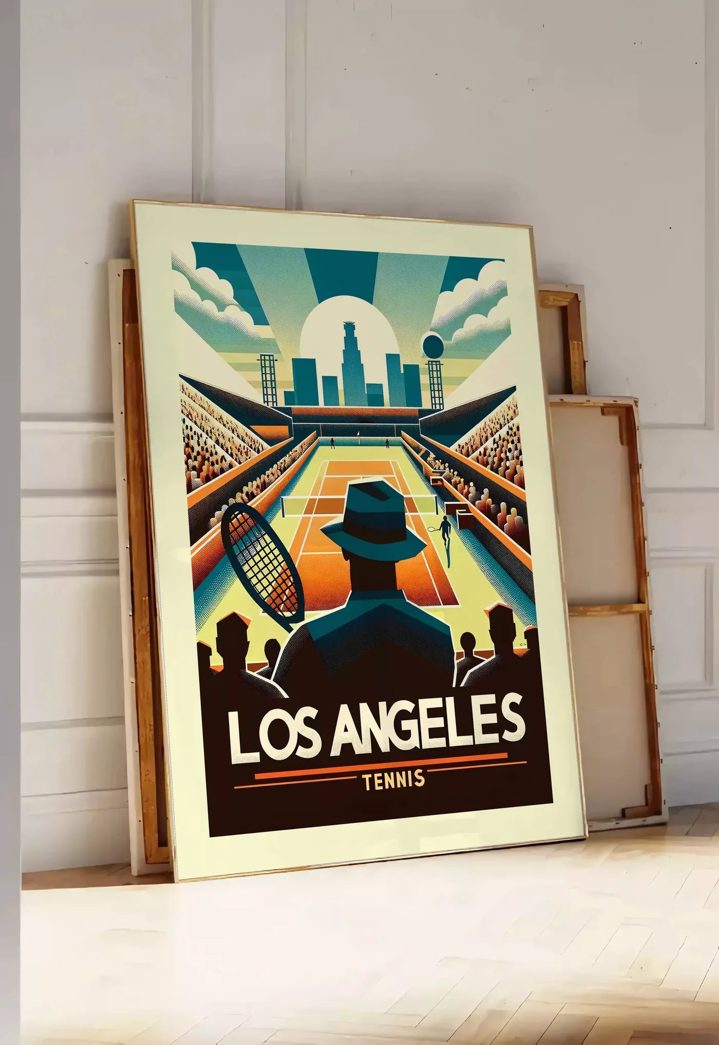 Tirage encadrable affiche tennis Los Angeles Art Deco, posee au sol dans une entree lumineuse, contre un mur a panneaux blancs, a cote de chassis en bois empiles