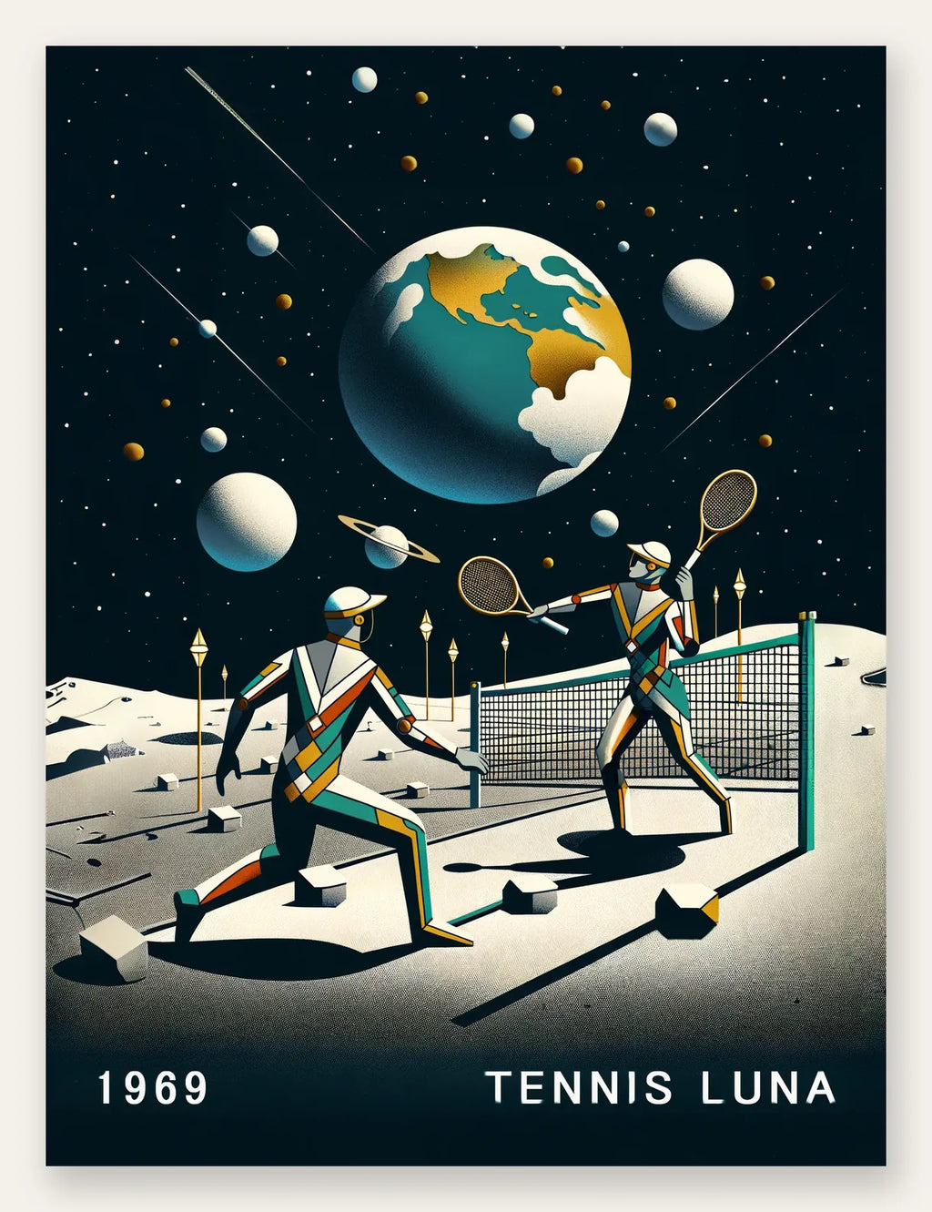 Deux joueurs de tennis sur la Lune et la Terre, filet et etoiles