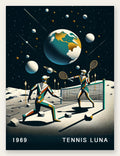 Deux joueurs de tennis sur la Lune et la Terre, filet et etoiles