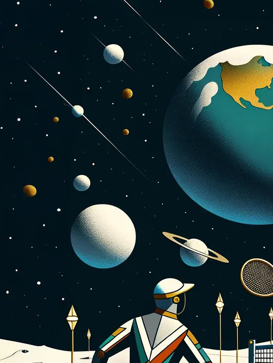 Gros plan sur deux joueurs de tennis sur la Lune et la Terre, filet et etoiles