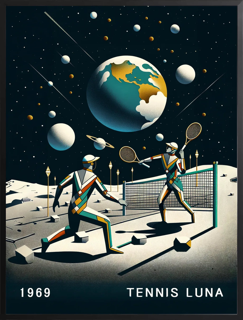Encadrement noir mat autour de deux joueurs de tennis sur la Lune et la Terre, filet et etoiles