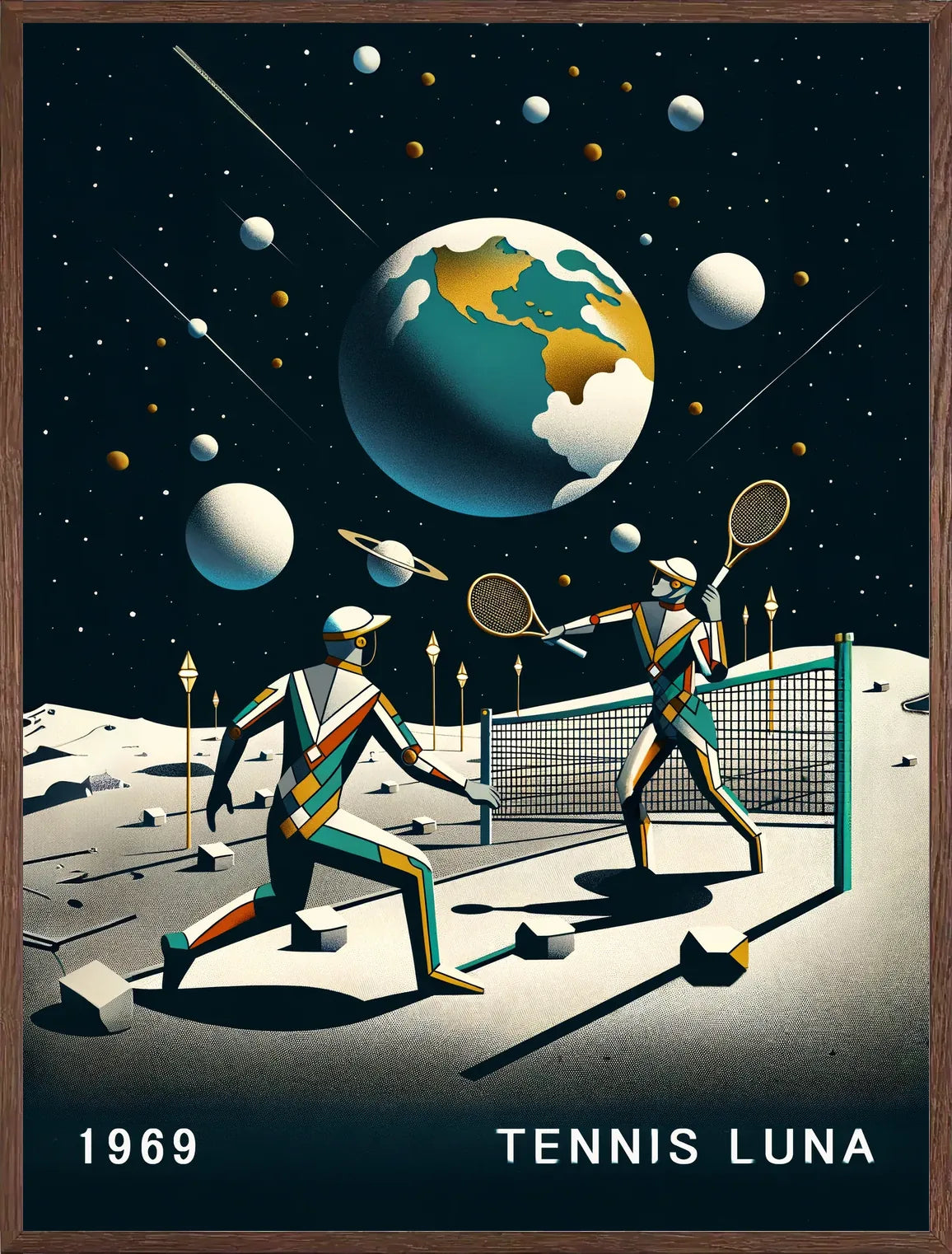 Cadre chene clair entourant deux joueurs de tennis sur la Lune et la Terre, filet et etoiles