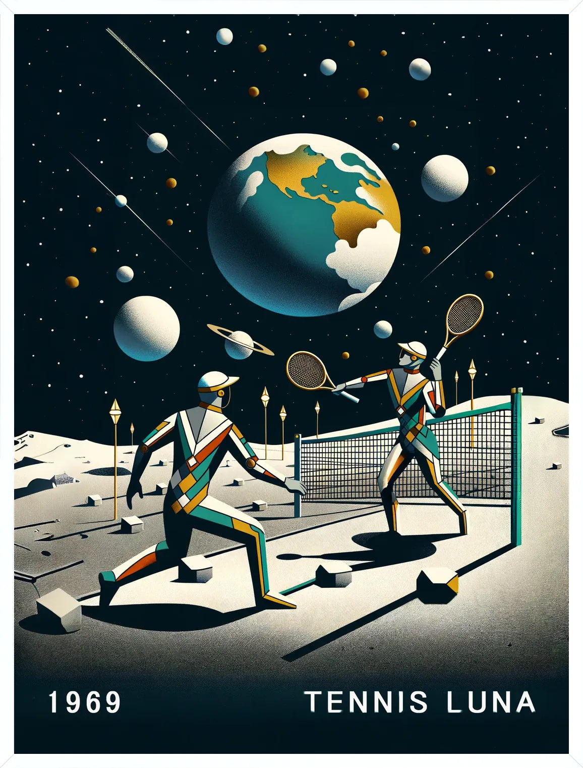 Cadre blanc epure presentant deux joueurs de tennis sur la Lune et la Terre, filet et etoiles