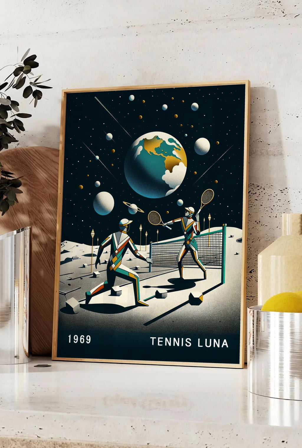 Affiche deux joueurs de tennis sur la Lune et la Terre, posee sur un plan de travail de cuisine en pierre claire, entre une branche d'eucalyptus en vase et un bocal de citrons