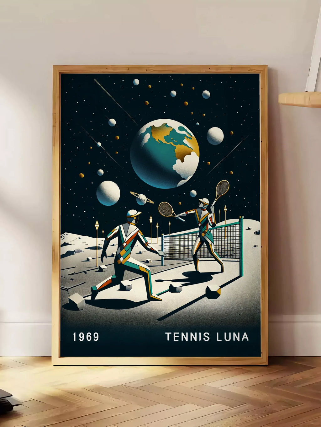 Estampe deux joueurs de tennis sur la Lune et la Terre, posee au sol dans un coin salon, sur un parquet a chevrons, pres d'une table d'appoint en chene chargee de livres