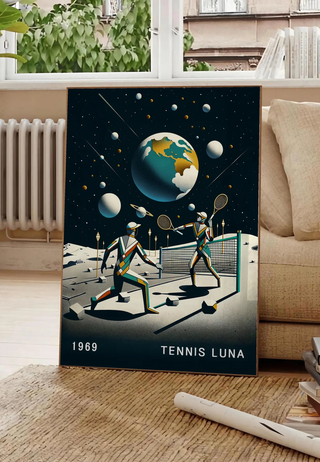 Poster deux joueurs de tennis sur la Lune et la Terre, posee au sol dans un salon parisien, devant une grande fenetre donnant sur un immeuble haussmannien, entre un ficus et un canape creme