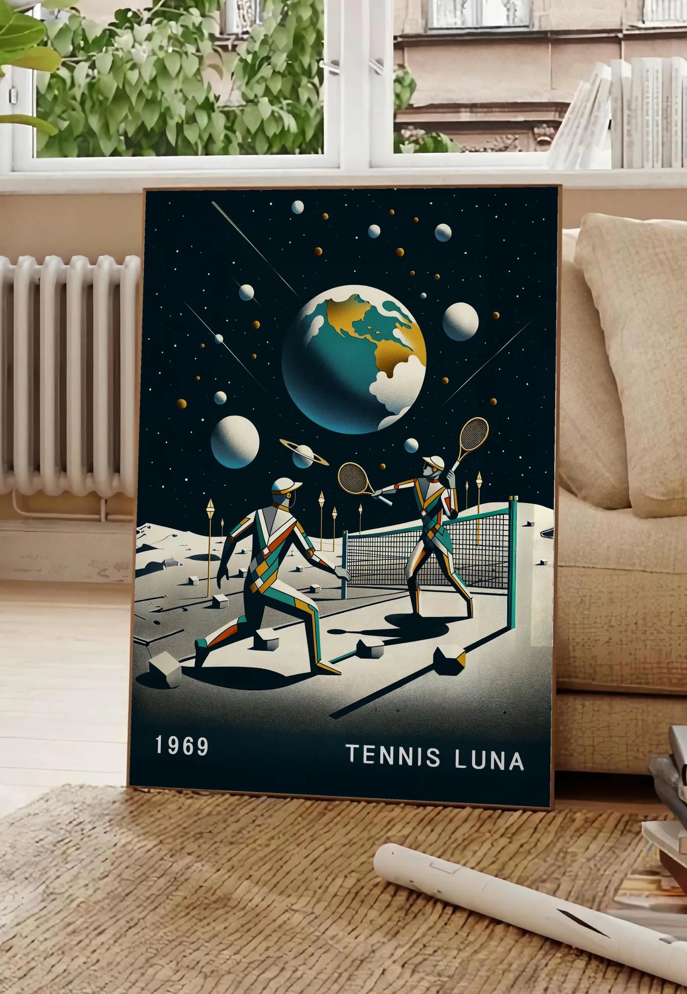 Poster deux joueurs de tennis sur la Lune et la Terre, posee au sol dans un salon parisien, devant une grande fenetre donnant sur un immeuble haussmannien, entre un ficus et un canape creme