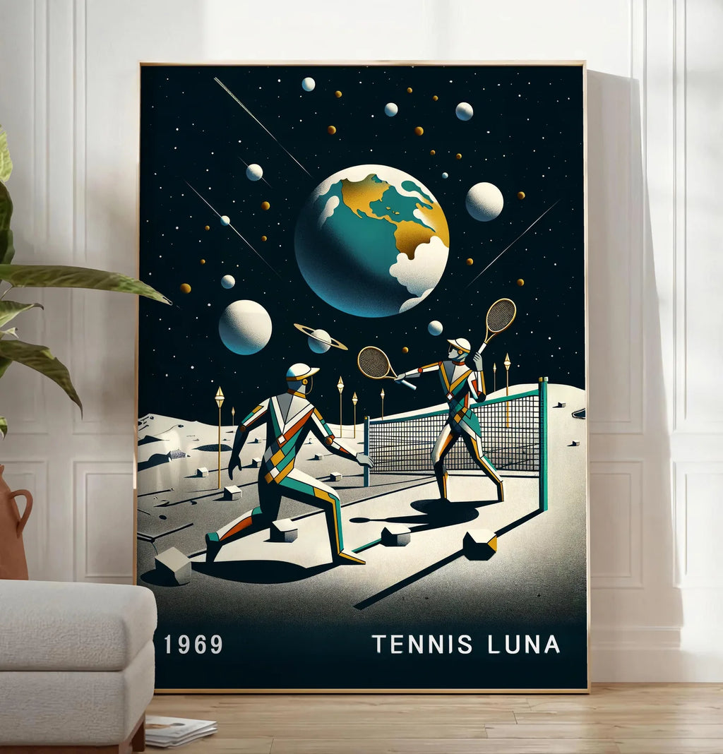 Reproduction deux joueurs de tennis sur la Lune et la Terre, posee au sol dans un salon minimaliste clair, a cote d'un canape beige et d'une plante verte, sur un parquet clair