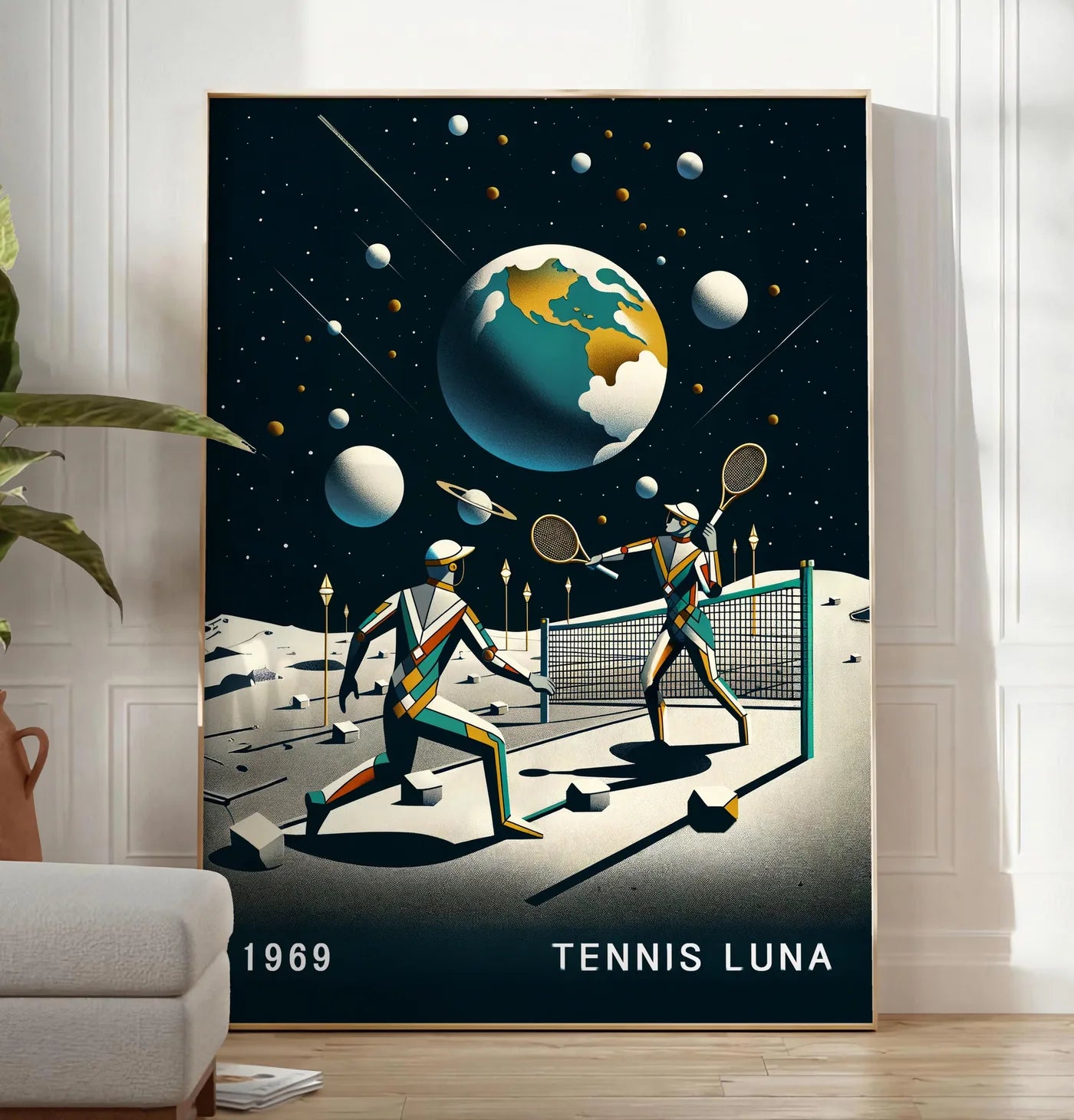Reproduction deux joueurs de tennis sur la Lune et la Terre, posee au sol dans un salon minimaliste clair, a cote d'un canape beige et d'une plante verte, sur un parquet clair