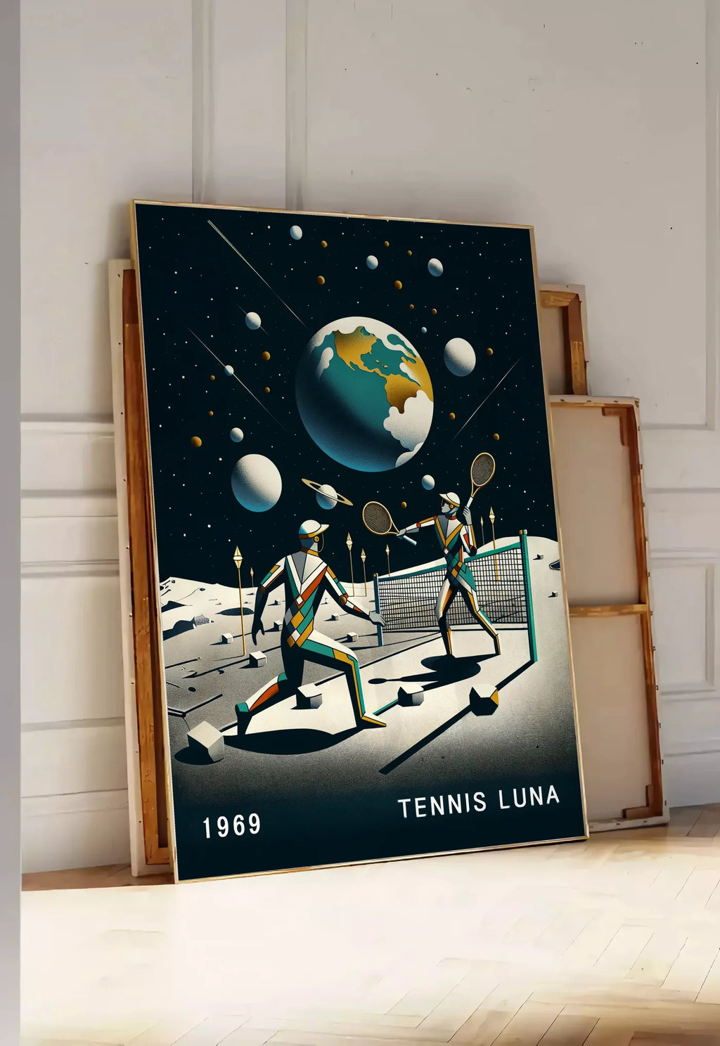 Tirage encadrable deux joueurs de tennis sur la Lune et la Terre, posee au sol dans une entree lumineuse, contre un mur a panneaux blancs, a cote de chassis en bois empiles