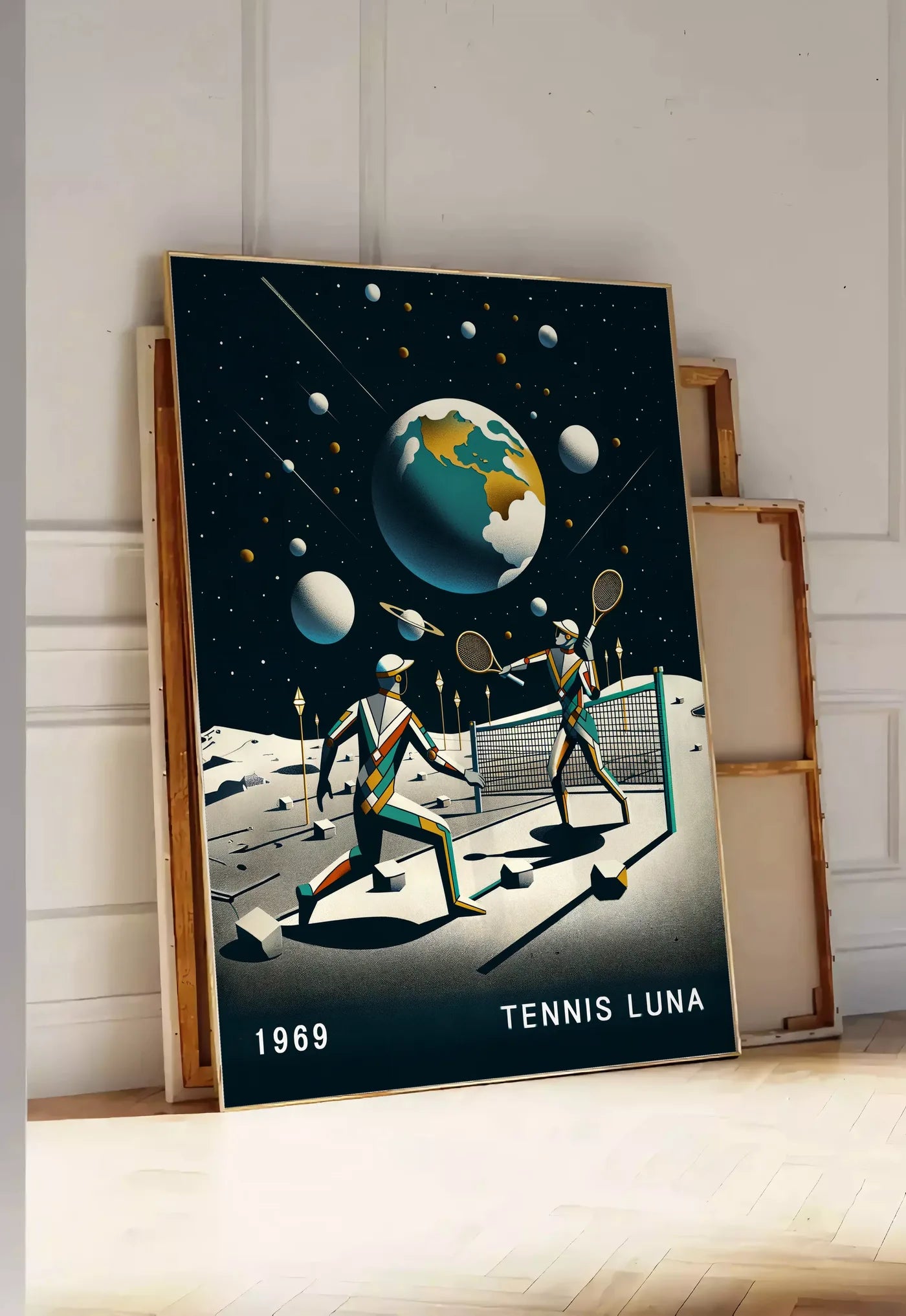 Tirage encadrable deux joueurs de tennis sur la Lune et la Terre, posee au sol dans une entree lumineuse, contre un mur a panneaux blancs, a cote de chassis en bois empiles