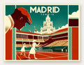 Affiche tennis Madrid art deco, joueuses sur terre battue et tour espagnole baroque, Cedric des Lauriers