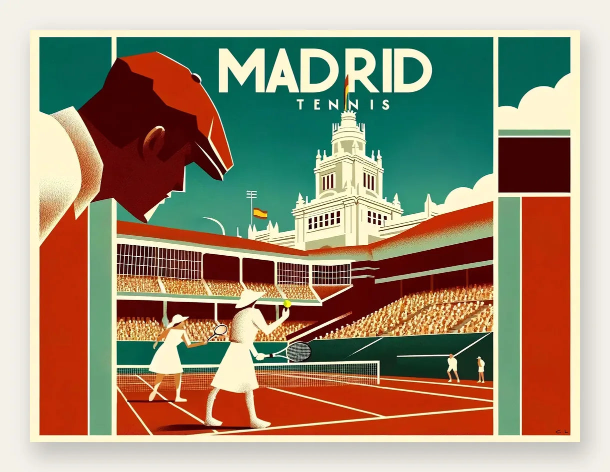 Affiche tennis Madrid art deco, joueuses sur terre battue et tour espagnole baroque, Cedric des Lauriers