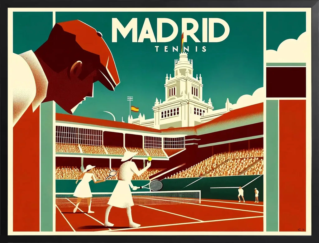Encadrement noir mat autour de l'affiche tennis Madrid terre battue