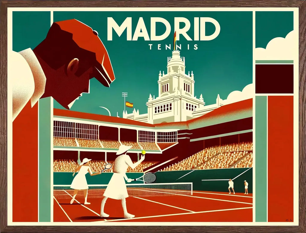 Cadre chene clair entourant l'affiche Tennis Madrid art deco de Cedric des Lauriers