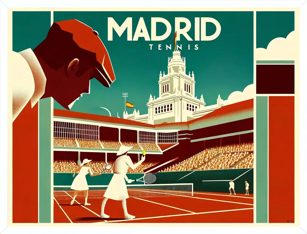 Cadre blanc epure presentant l'affiche Tennis Madrid art deco