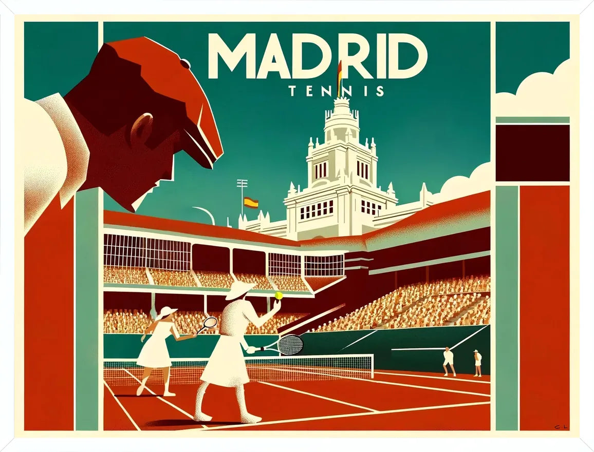 Cadre blanc epure presentant l'affiche Tennis Madrid art deco