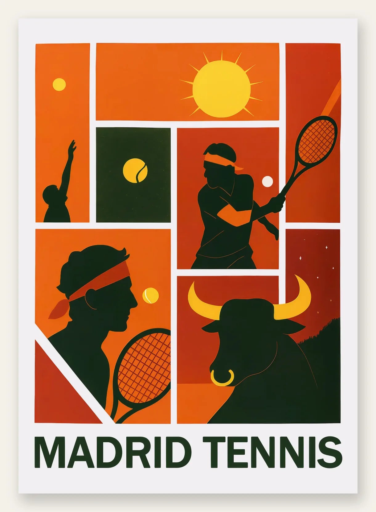 Joueur de tennis au service et taureau, collage Madrid rouge orange