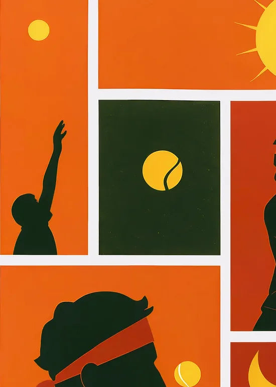 Gros plan sur joueur de tennis au service et taureau, collage Madrid rouge orange