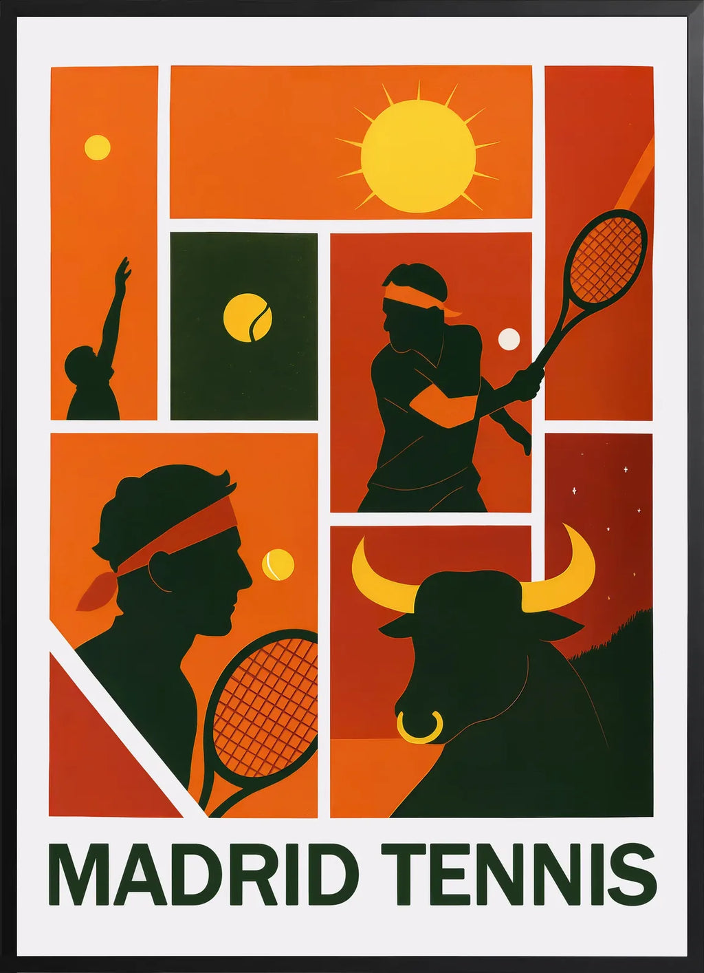 Encadrement noir mat autour de joueur de tennis au service et taureau, collage Madrid rouge orange