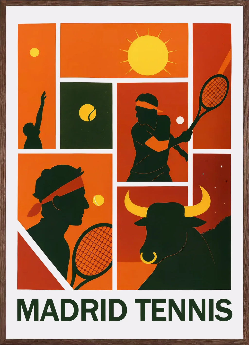 Cadre chene clair entourant joueur de tennis au service et taureau, collage Madrid rouge orange