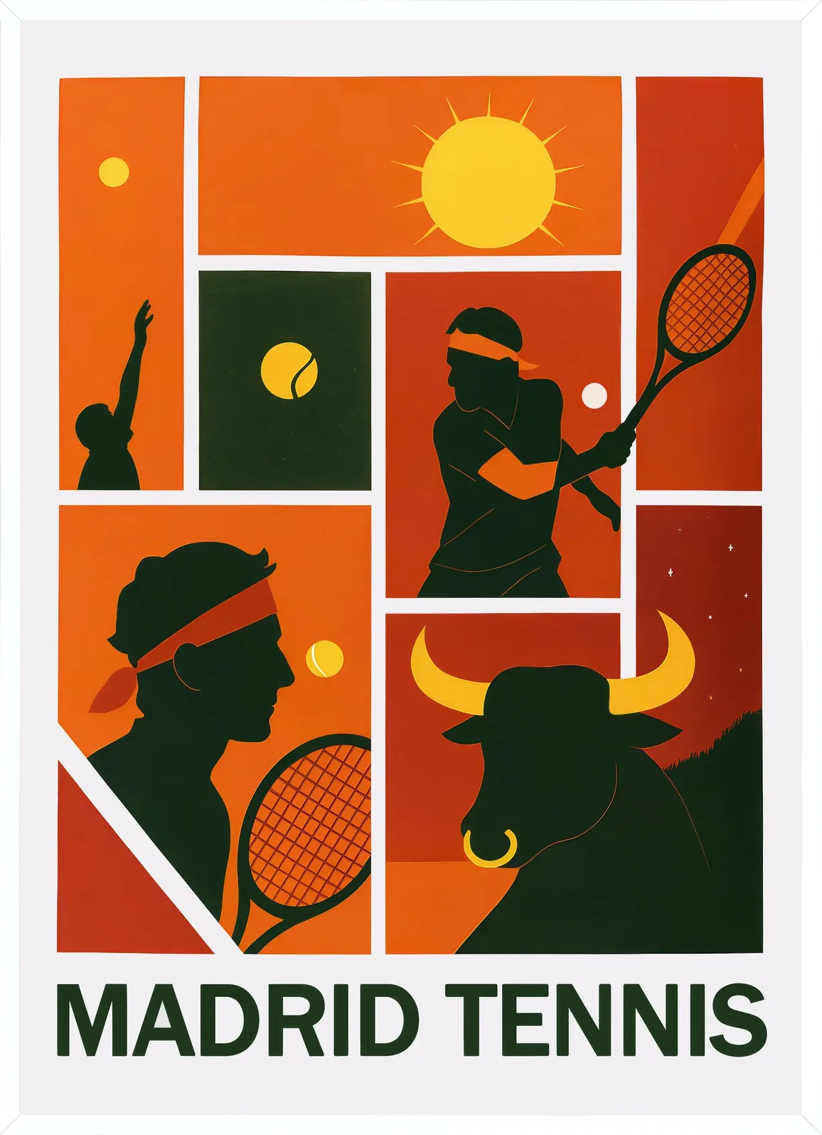 Cadre blanc epure presentant joueur de tennis au service et taureau, collage Madrid rouge orange