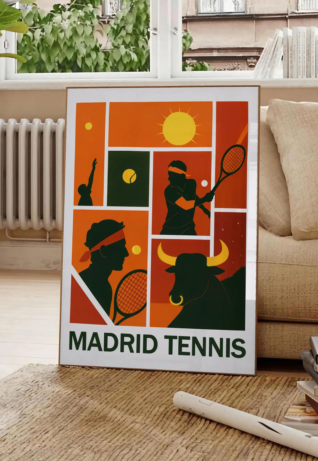 Poster joueur de tennis au service et taureau, posee au sol dans un salon parisien, devant une grande fenetre donnant sur un immeuble haussmannien, entre un ficus et un canape creme