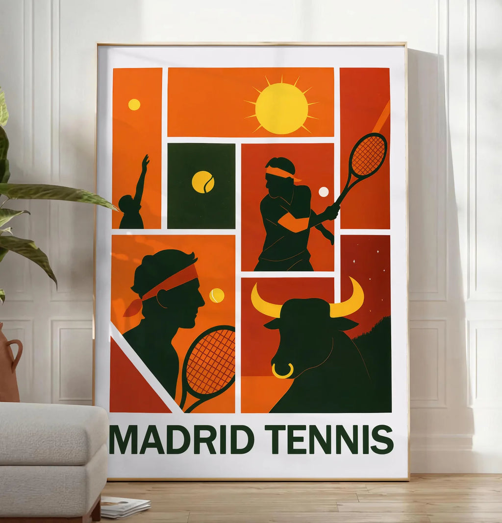 Reproduction joueur de tennis au service et taureau, posee au sol dans un salon minimaliste clair, a cote d'un canape beige et d'une plante verte, sur un parquet clair