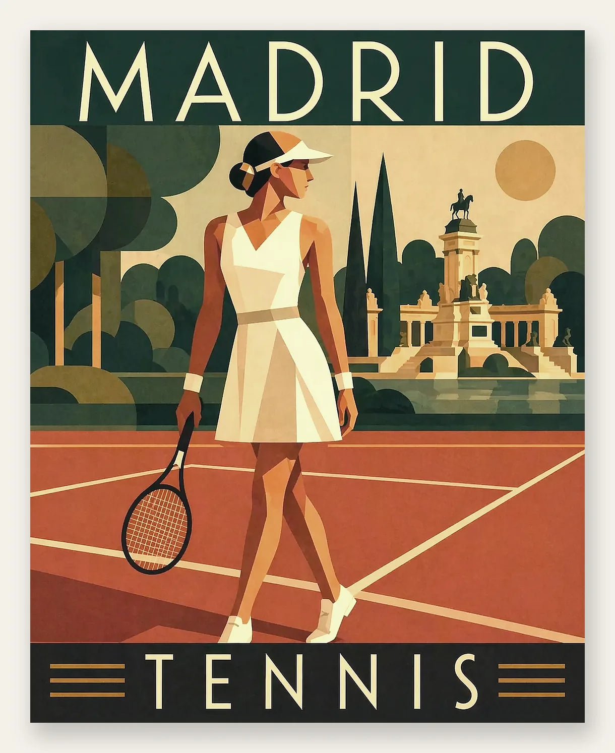 Affiche tennis Madrid art deco, joueuse marchant sur terre battue et monument equestre du Retiro, palette vert sauge terracotta