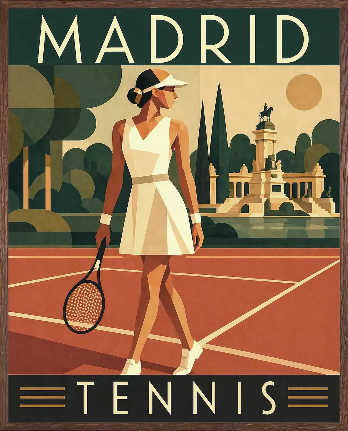 Cadre chene clair autour de l'affiche tennis Madrid elegance art deco de Cedric des Lauriers