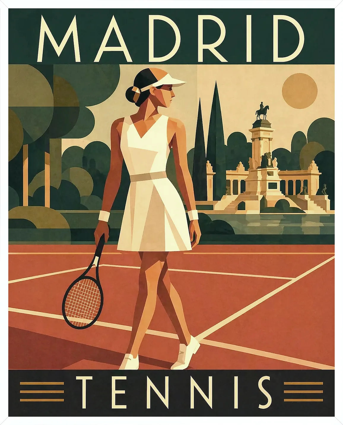 Cadre blanc epure pour l'affiche tennis Madrid joueuse elegante vert sauge terracotta