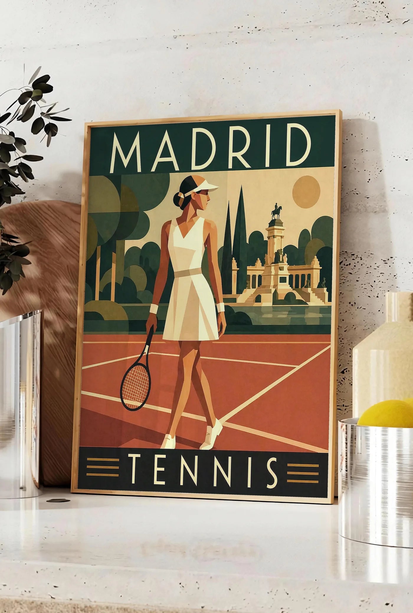Affiche affiche tennis Madrid art deco, posee sur un plan de travail de cuisine en pierre claire, entre une branche d'eucalyptus en vase et un bocal de citrons