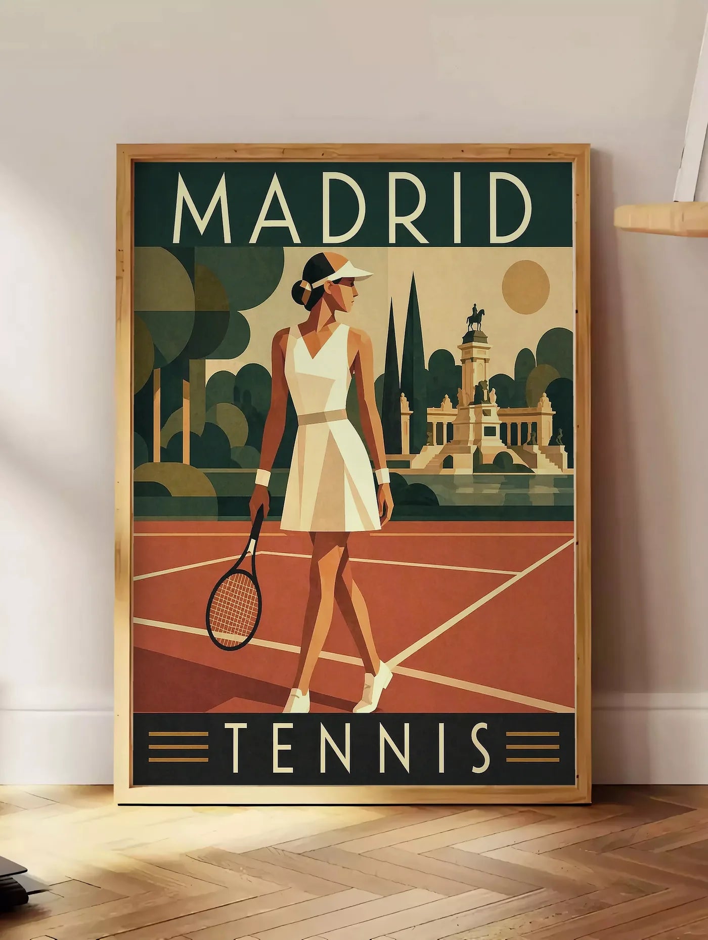 Estampe affiche tennis Madrid art deco, posee au sol dans un coin salon, sur un parquet a chevrons, pres d'une table d'appoint en chene chargee de livres