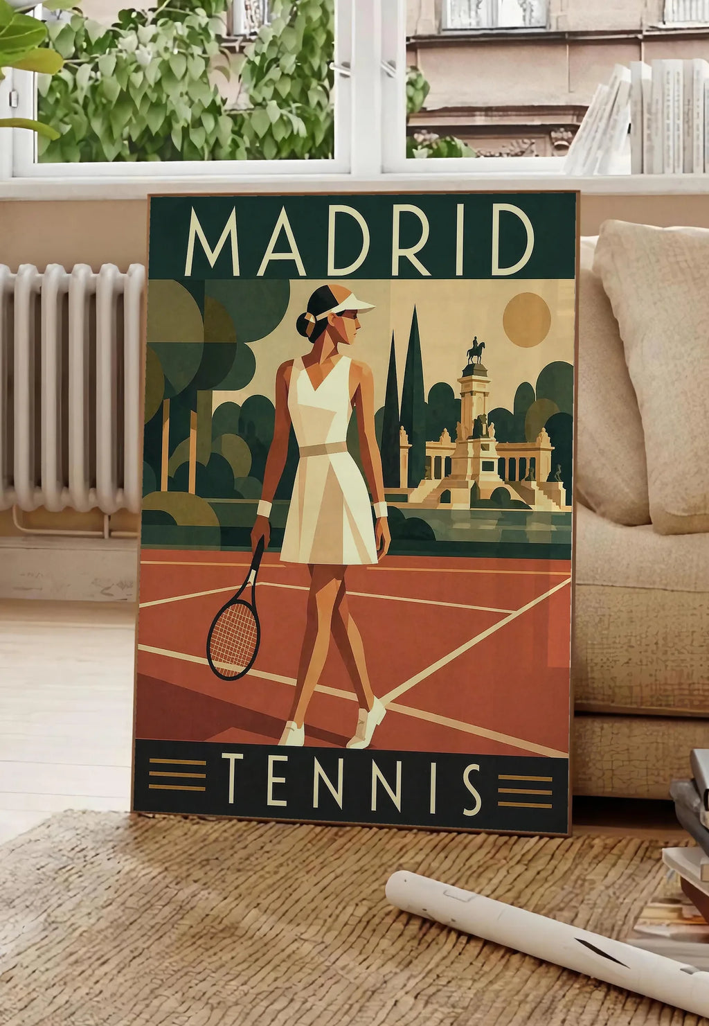 Poster affiche tennis Madrid art deco, posee au sol dans un salon parisien, devant une grande fenetre donnant sur un immeuble haussmannien, entre un ficus et un canape creme