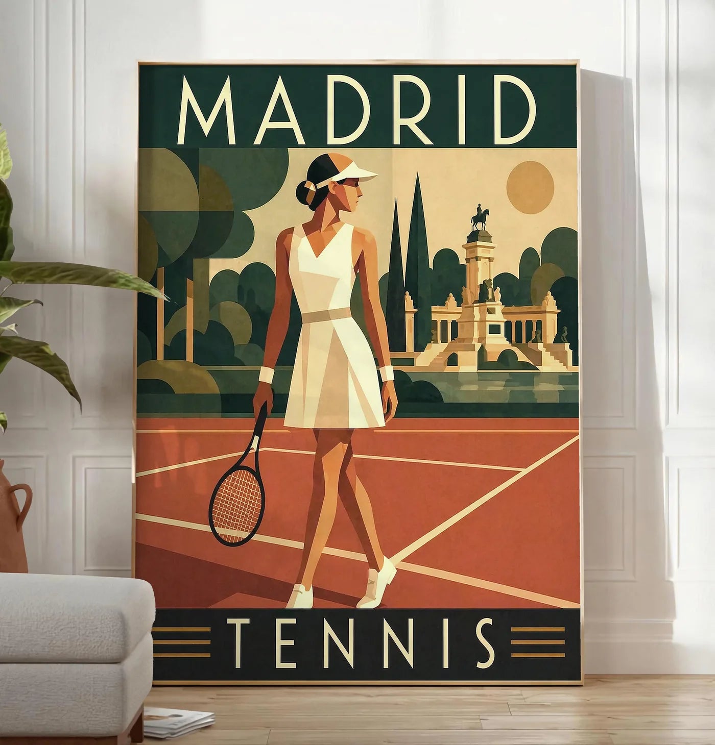 Reproduction affiche tennis Madrid art deco, posee au sol dans un salon minimaliste clair, a cote d'un canape beige et d'une plante verte, sur un parquet clair