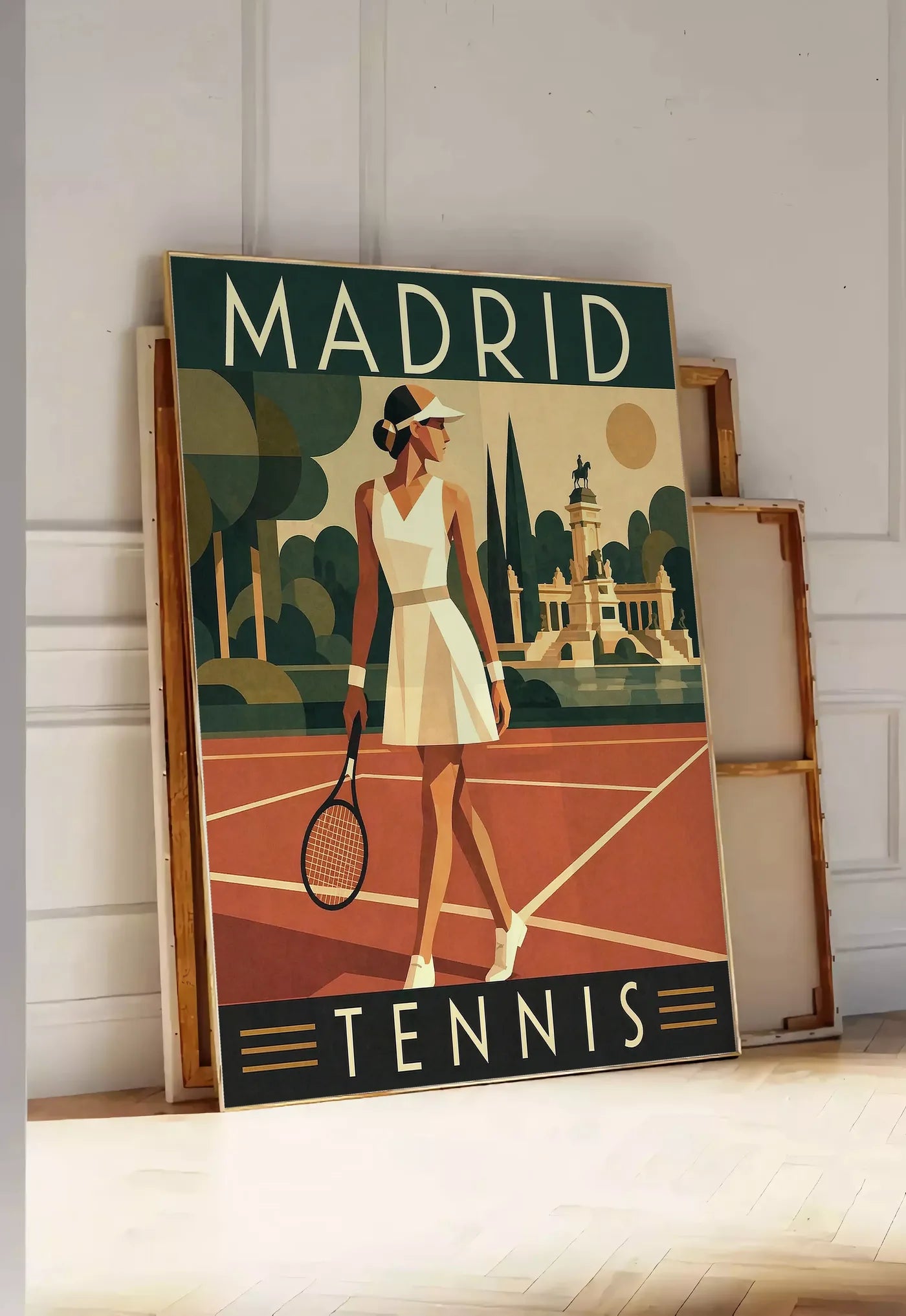 Tirage encadrable affiche tennis Madrid art deco, posee au sol dans une entree lumineuse, contre un mur a panneaux blancs, a cote de chassis en bois empiles