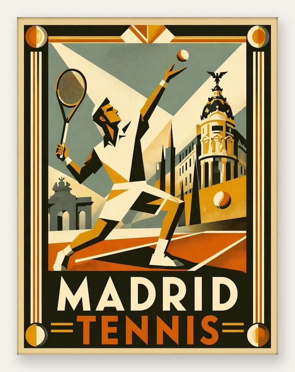 Affiche tennis Madrid art deco, joueur au service devant le batiment Metropolis de la Gran Via, palette creme et or