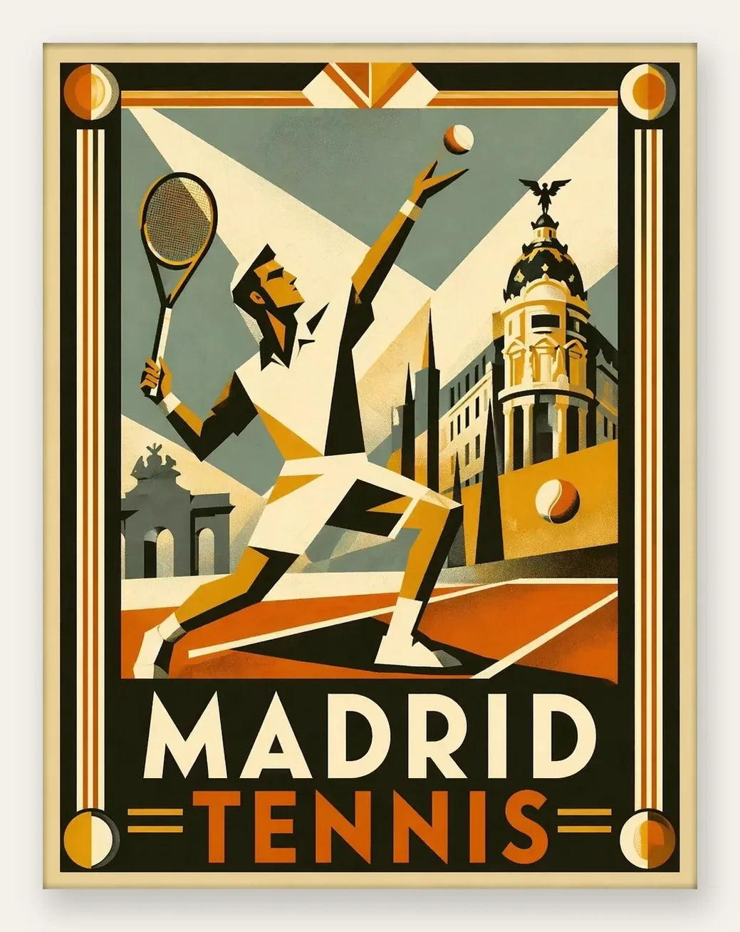 Affiche tennis Madrid art deco, joueur au service devant le batiment Metropolis de la Gran Via, palette creme et or